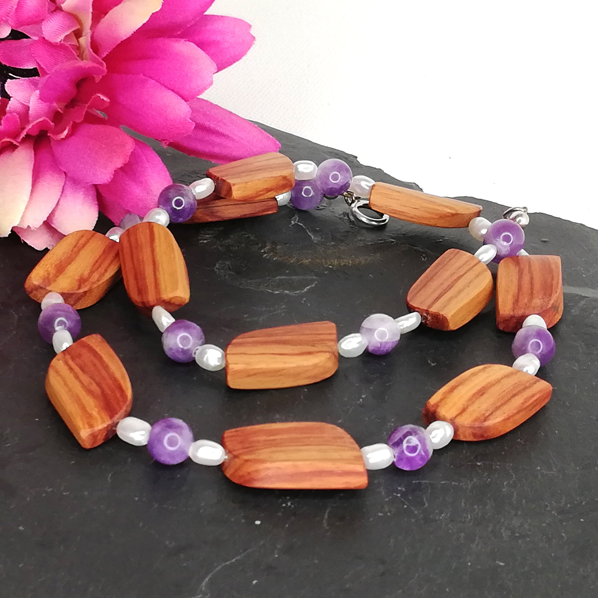 Holz Amethyst Kette mit Perlen