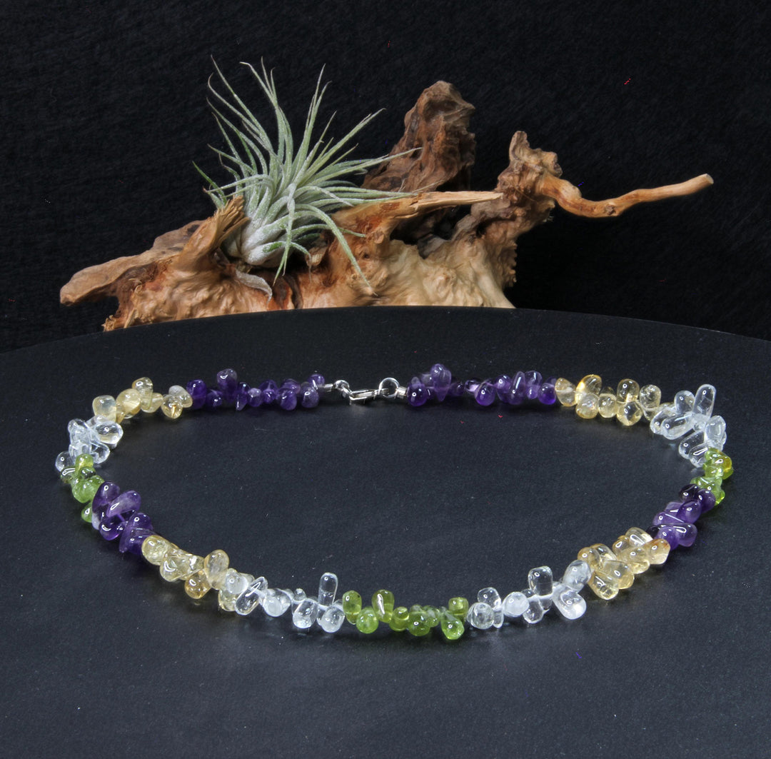 Mehrfarbige Edelstein-Tropfen-Kette aus Amethyst, Bergkristall, Citrin und Peridot