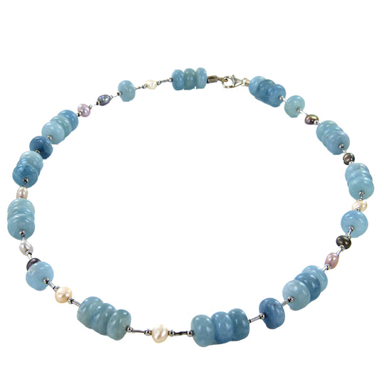 Aquamarin-Perlen-Kette mit 925er Sterlingsilber