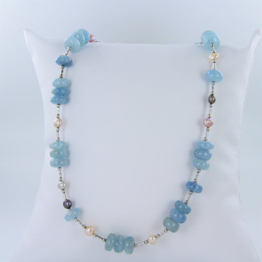 Aquamarin-Perlen-Kette mit 925er Sterlingsilber