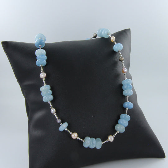 Aquamarin-Perlen-Kette mit 925er Sterlingsilber