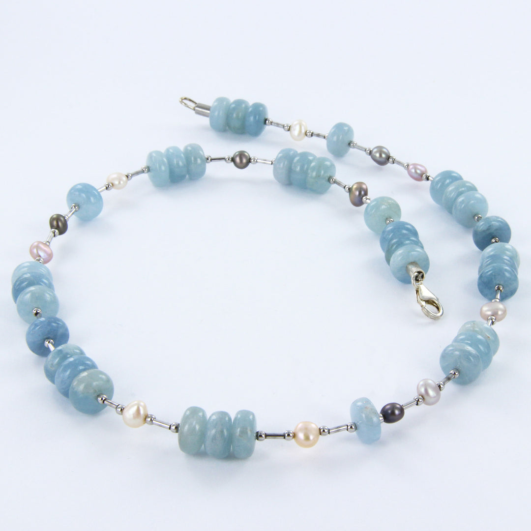Aquamarin-Perlen-Kette mit 925er Sterlingsilber