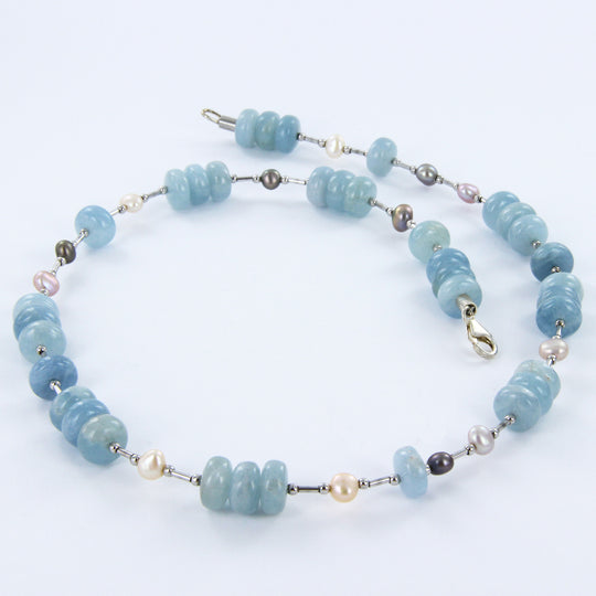 Aquamarin-Perlen-Kette mit 925er Sterlingsilber