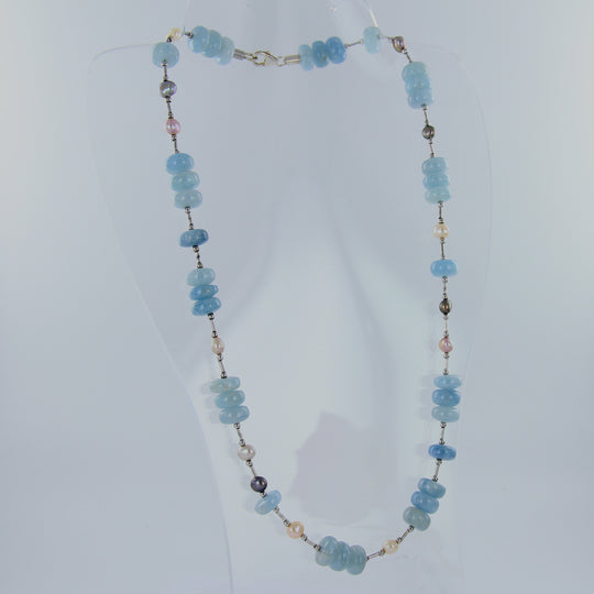 Aquamarin-Perlen-Kette mit 925er Sterlingsilber