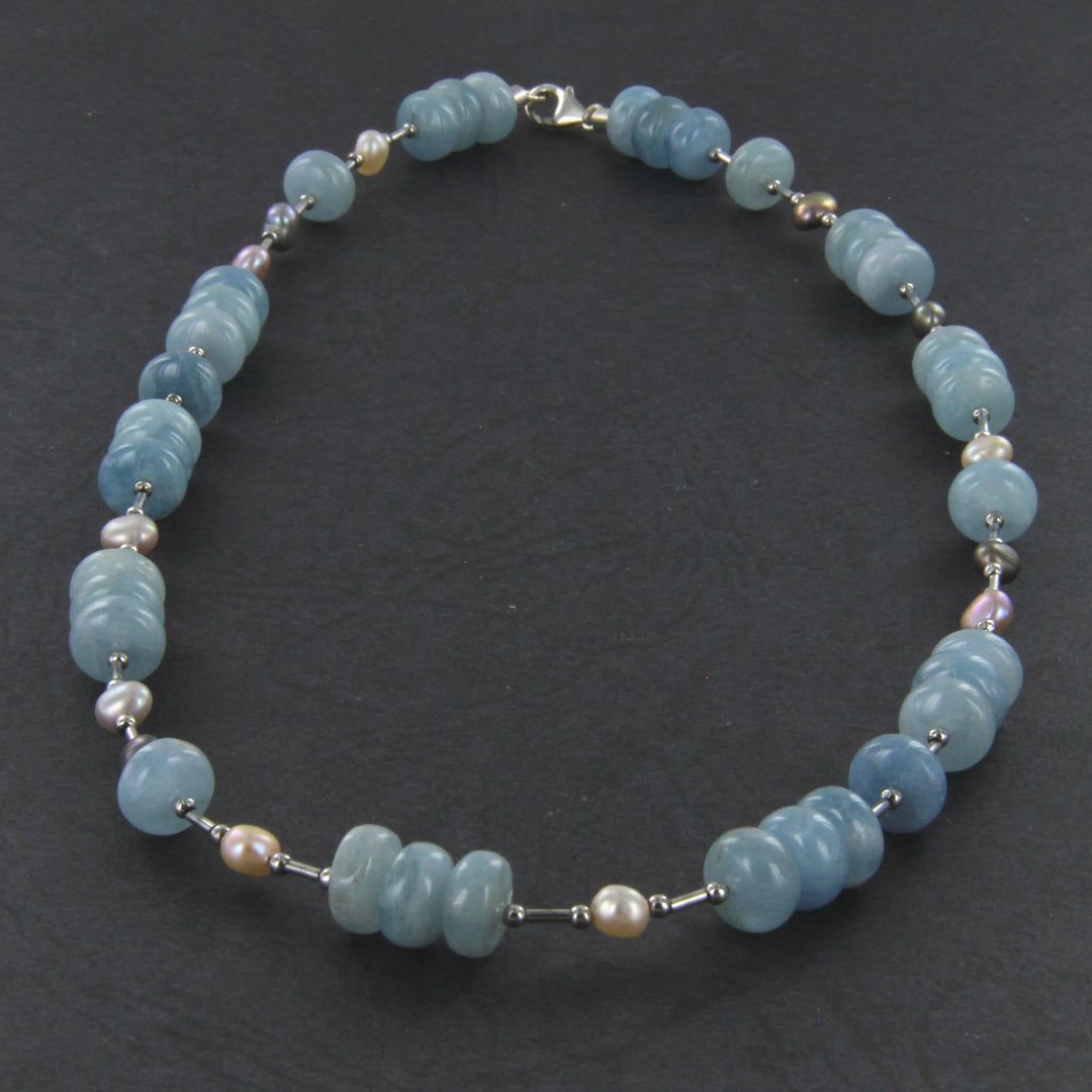 Aquamarin-Perlen-Kette mit 925er Sterlingsilber