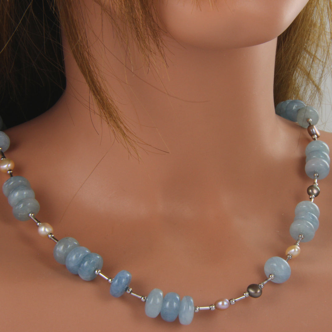 Aquamarin-Perlen-Kette mit 925er Sterlingsilber