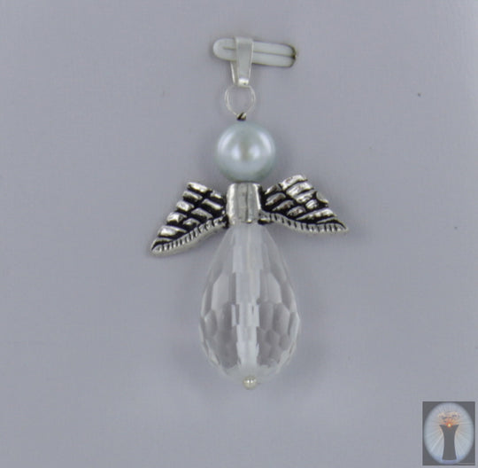 Engel-Kettenanhänger aus Bergkristall mit grauer Perle und 925er Silber