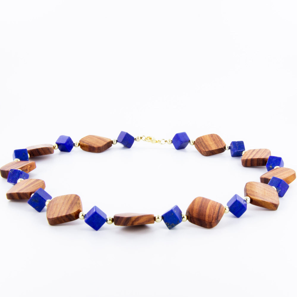 Lapis Lazuli-Kette mit Rosenholz, 925er Silberkugeln vergoldet