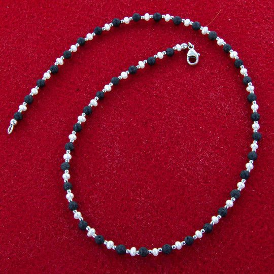 Lava-Perlenkette, echte Perlen mit schwarzer Lava, 925er Sterlingsilber