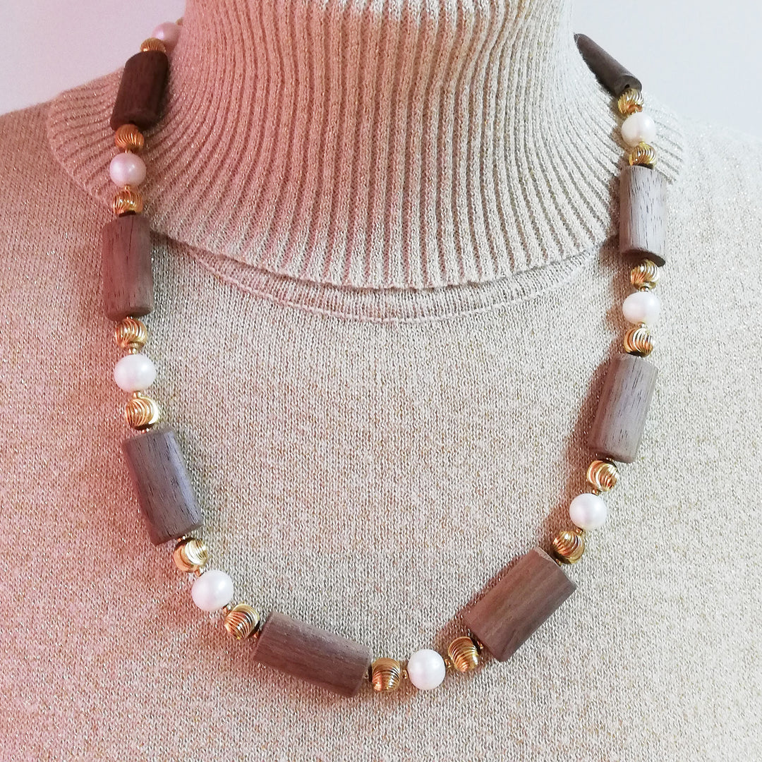 Design-Holzkette mit echten Perlen – 925er Sterling Silber vergoldet
