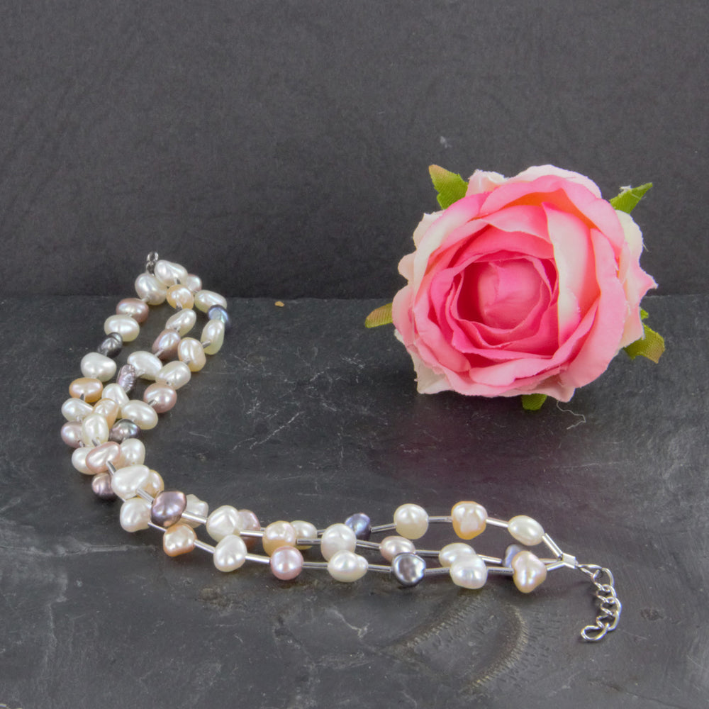 Dreireihiges Perlenarmband, 925er Silber rhodiniert