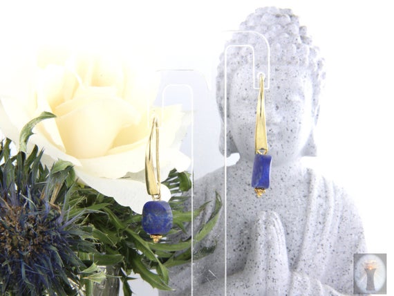 Lapis Lazuli-Scheiben-Ohrhänger, Schwanenhals, 925er Silber vergoldet