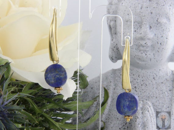 Lapis Lazuli-Scheiben-Ohrhänger, Schwanenhals, 925er Silber vergoldet