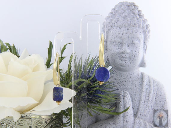 Lapis Lazuli-Scheiben-Ohrhänger, Schwanenhals, 925er Silber vergoldet