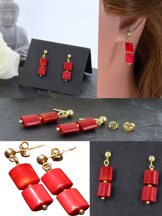 Leuchtend rote Bambuskorallen-Kissen-Ohrhänger 925er Silber vergoldet