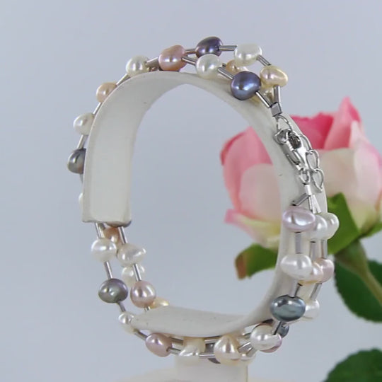 Dreireihiges Perlenarmband, 925er Silber rhodiniert