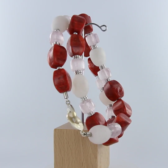 Schaumkorallen-Rosenquarz-Kette mit Elementen aus 925er Sterlingsilber - 59 cm lang