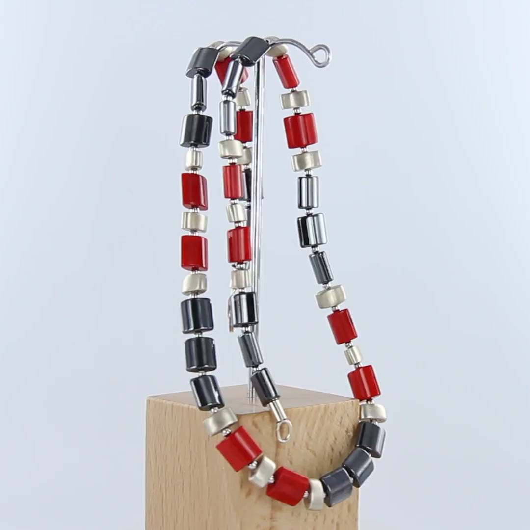 Koralle Hämatin Silber Collier Halskette rot schwarz silber 46 cm