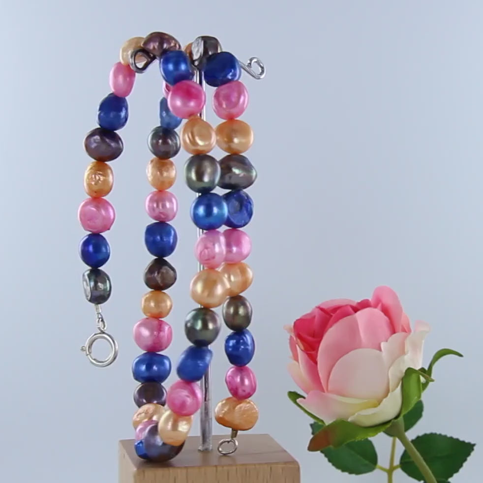 Mehrfarbige Perlenkette in den Farben Organe, Blau, Rosa, Braun mit Silberfederring