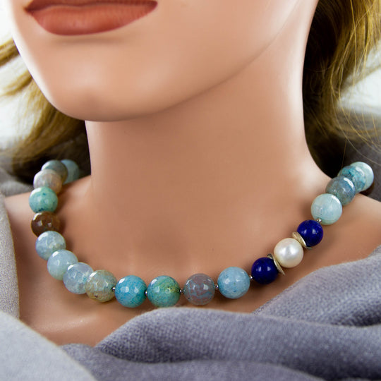 Lapis Lazuli-Achat-Perlen-Kette mit Sterlingsilber
