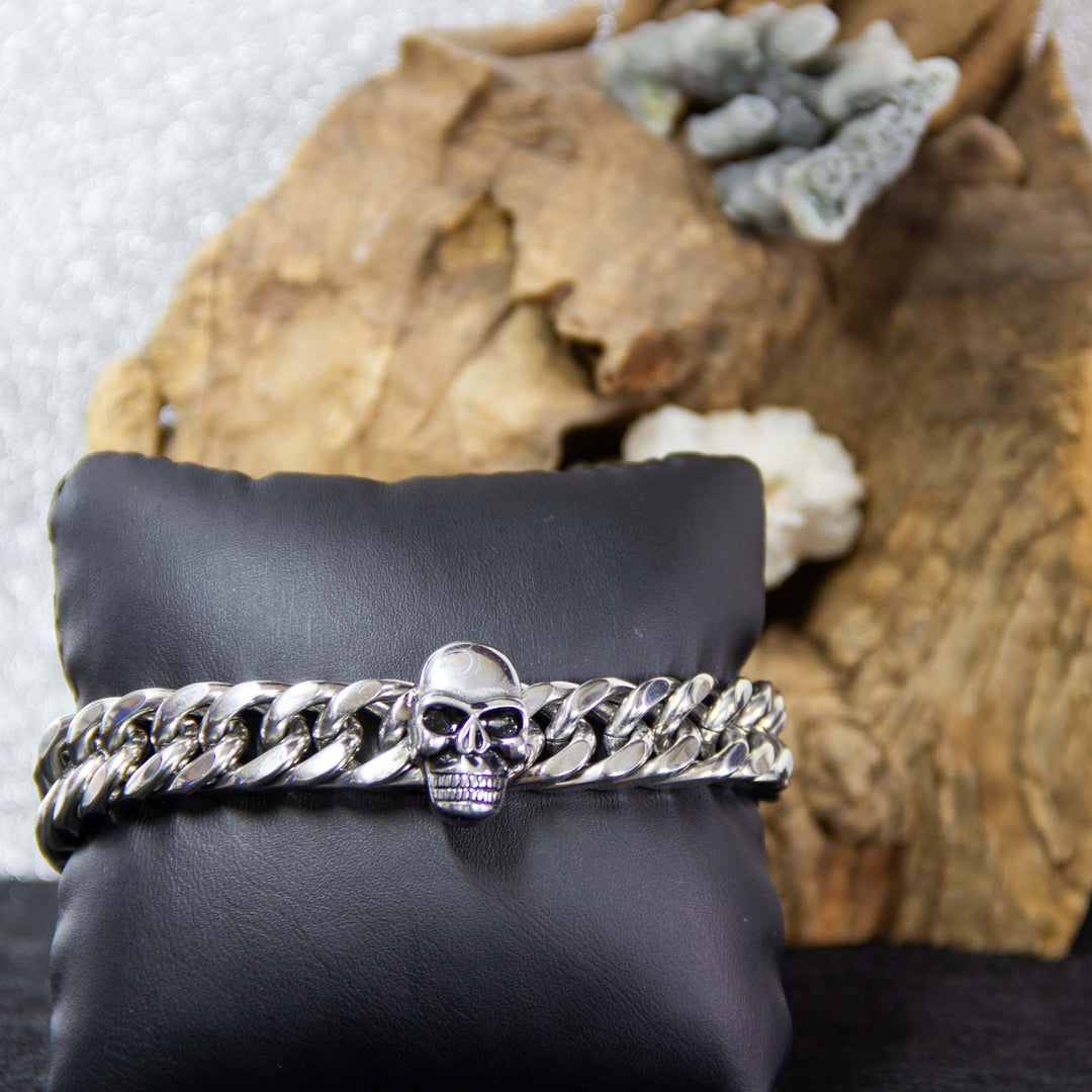 Edelstahl-Armband mit Totenkopf, Panzerkette silberfarbig mit Karabinerverschluss