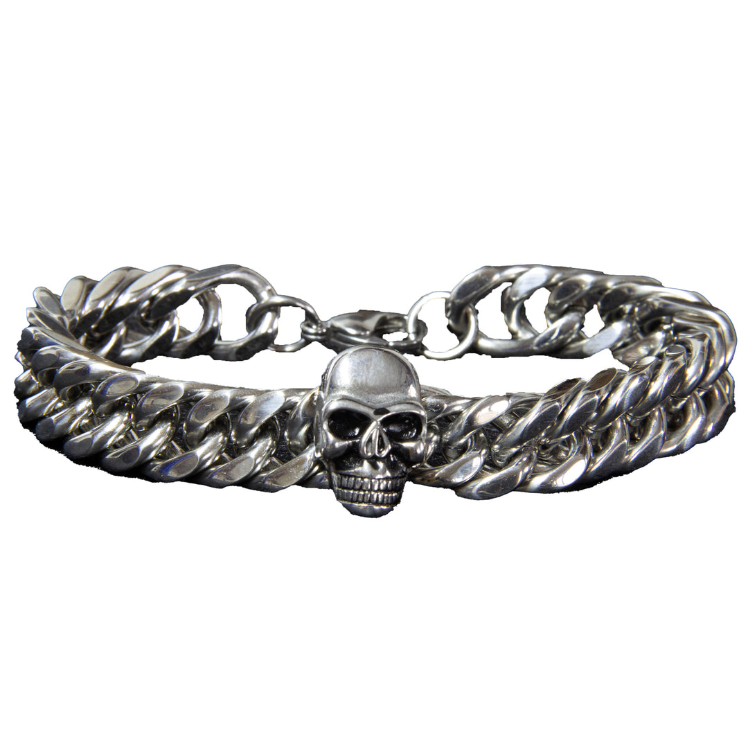 Edelstahl-Armband mit Totenkopf, Panzerkette silberfarbig mit Karabinerverschluss