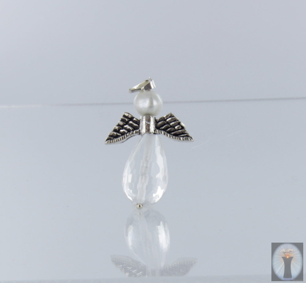 Engel-Anhänger aus Bergkristall weiße Perle 925er Silber