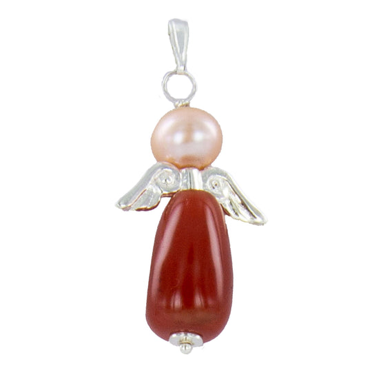 Karneol-Engel-Kettenanhänger mit beiger Perle mit echten Silberflügeln