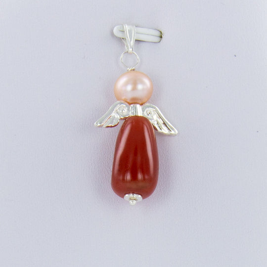 Karneol-Engel-Kettenanhänger mit beiger Perle mit echten Silberflügeln