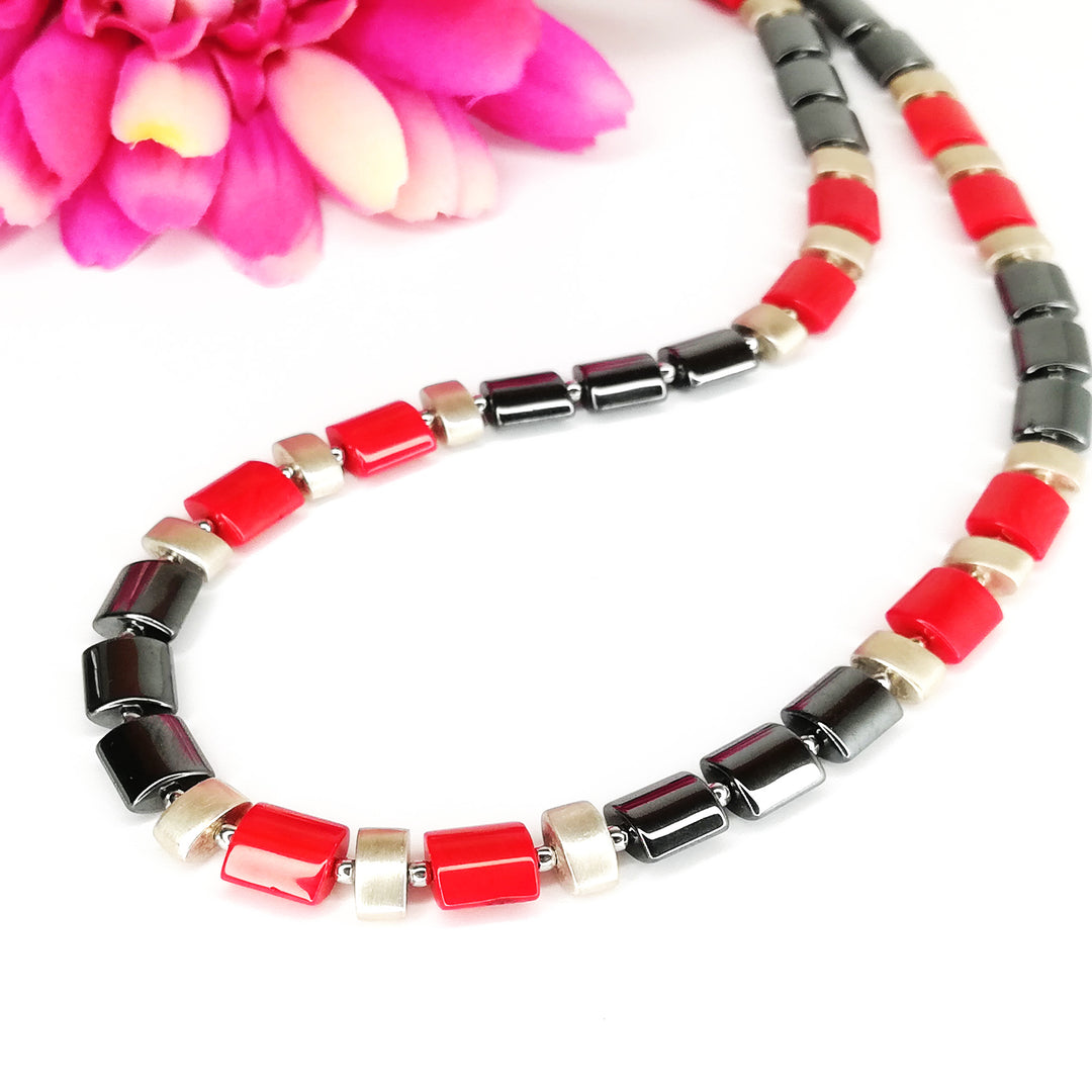 Koralle Hämatin Silber Collier Halskette rot schwarz silber 46 cm