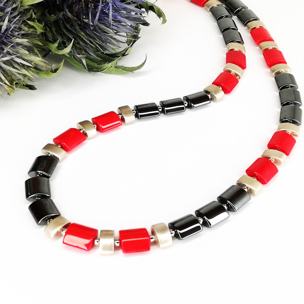 Koralle Hämatin Silber Collier Halskette rot schwarz silber 46 cm