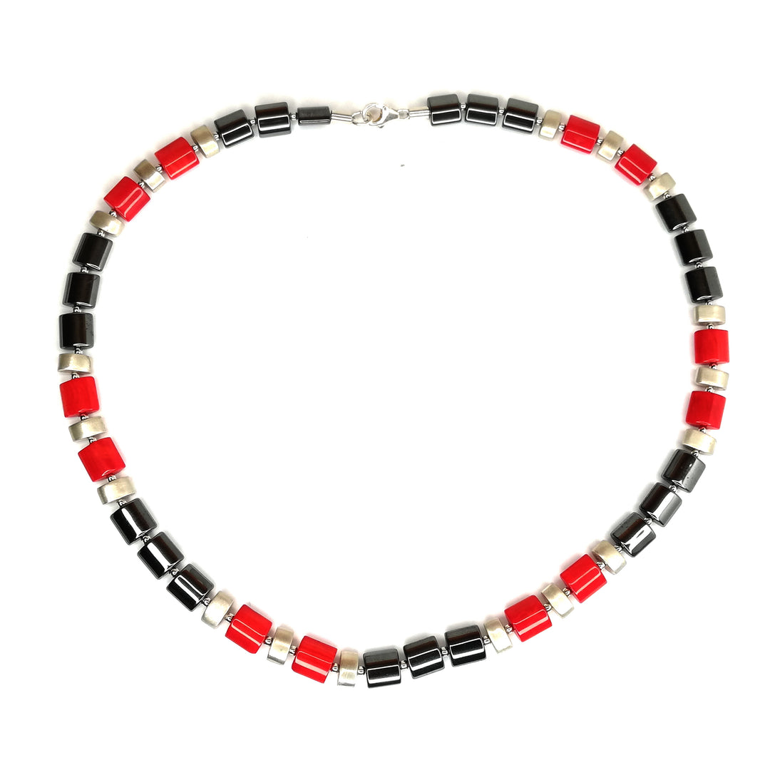 Koralle Hämatin Silber Collier Halskette rot schwarz silber 46 cm