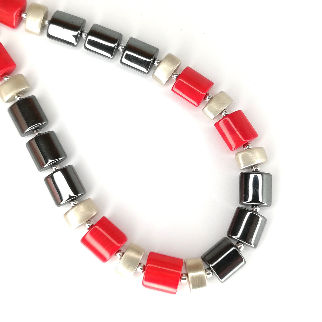 Koralle Hämatin Silber Collier Halskette rot schwarz silber 46 cm