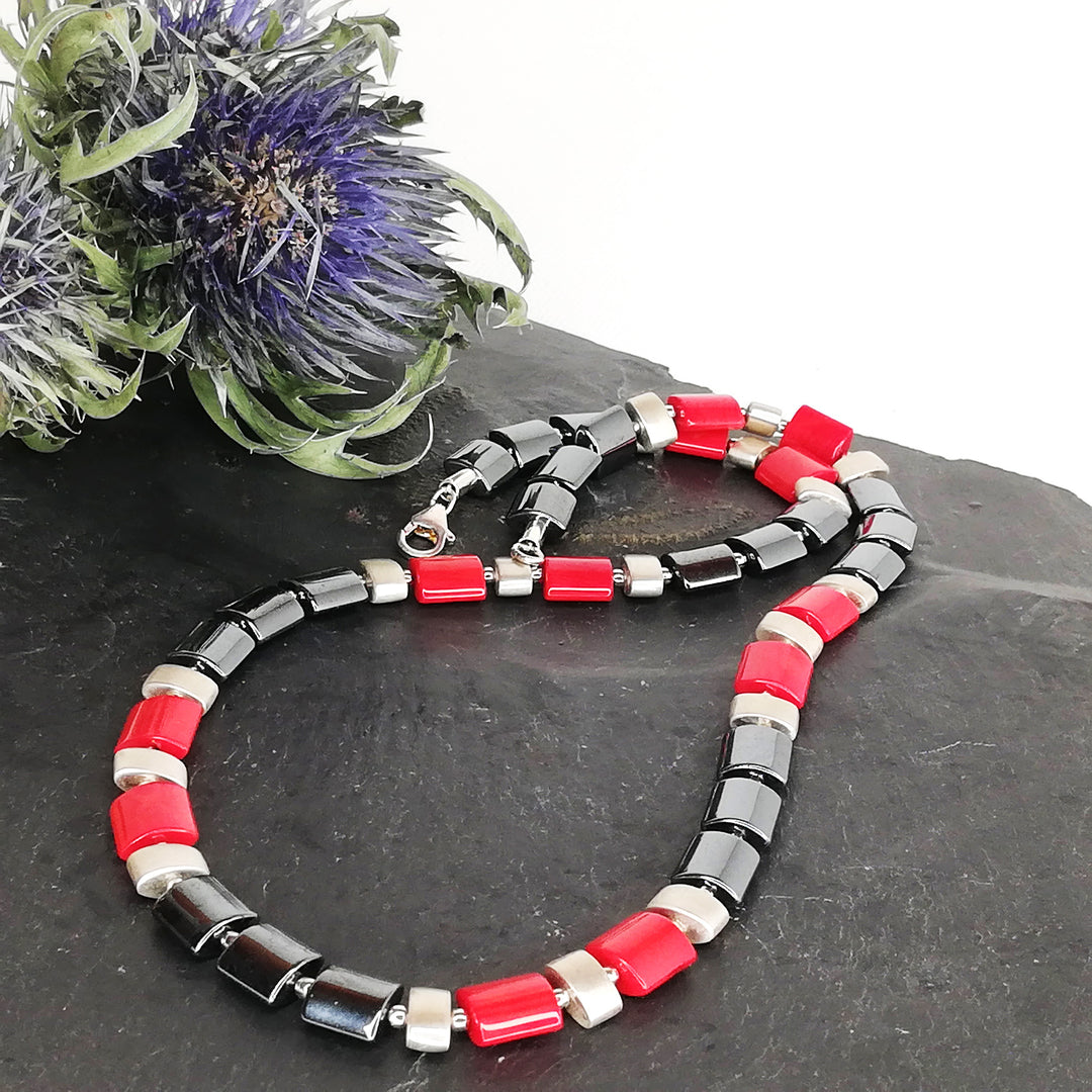 Koralle Hämatin Silber Collier Halskette rot schwarz silber 46 cm