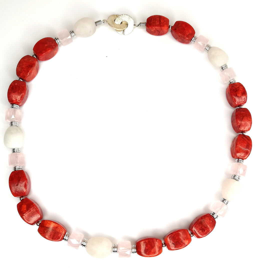 Schaumkorallen-Rosenquarz-Kette mit Elementen aus 925er Sterlingsilber - 59 cm lang