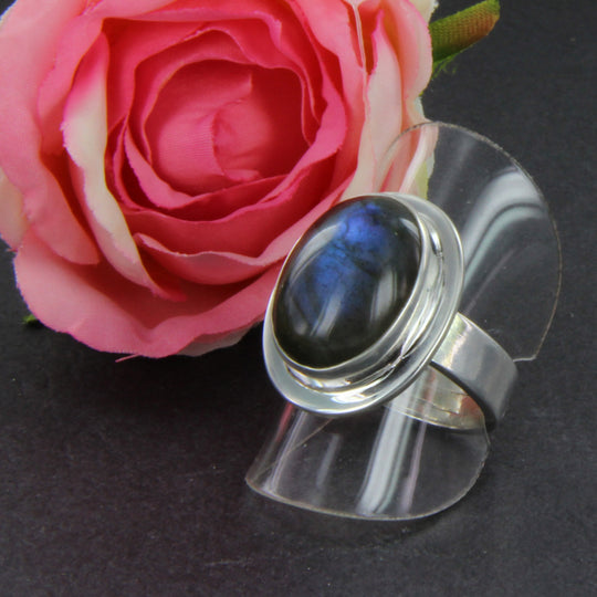 Labradorit-Ring oval, Silberringschiene verstellbar Gr. 54 -66