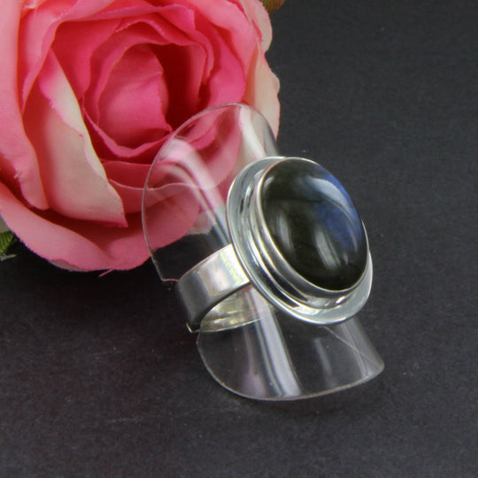 Labradorit-Ring oval, Silberringschiene verstellbar Gr. 54 -66