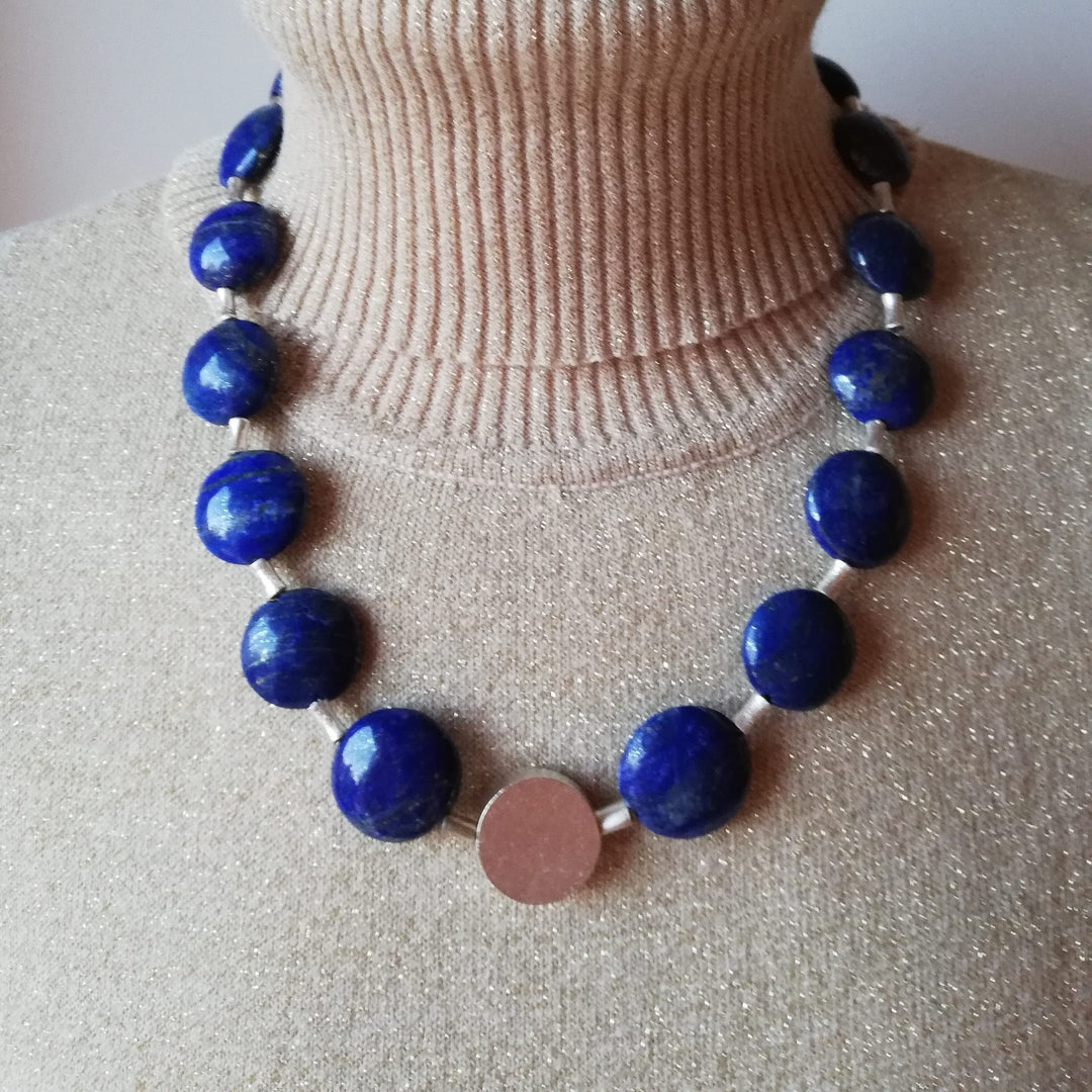 Dunkelblaue Lapislazuli-Kette, Linsencollier und 925er Sterlingsilber