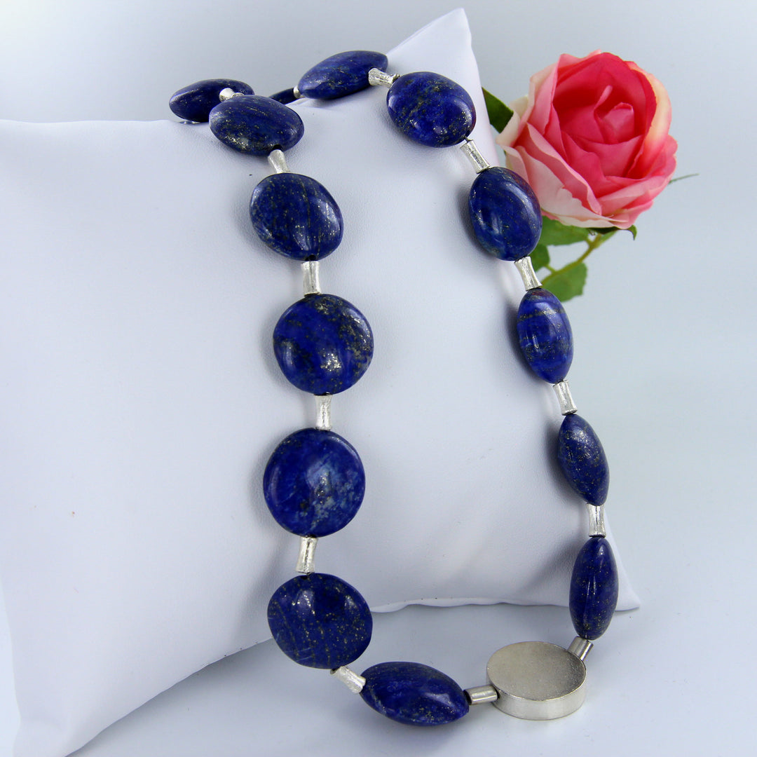 Dunkelblaue Lapislazuli-Kette, Linsencollier und 925er Sterlingsilber