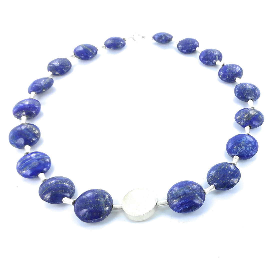 Dunkelblaue Lapislazuli-Kette, Linsencollier und 925er Sterlingsilber