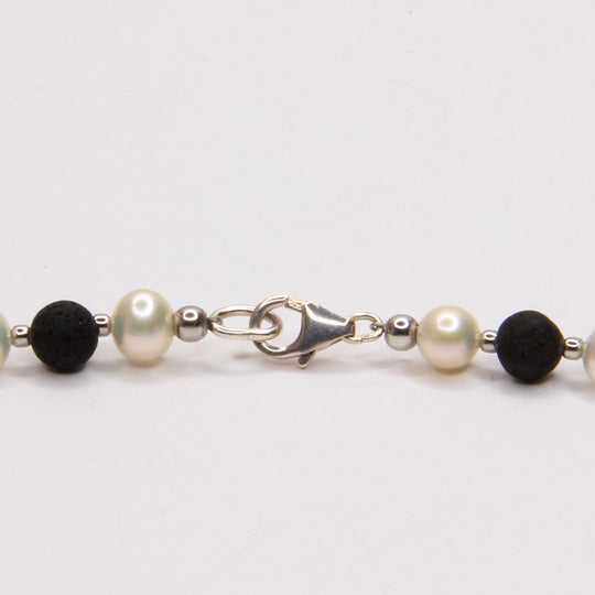 Lava-Perlenkette, echte Perlen mit schwarzer Lava, 925er Sterlingsilber