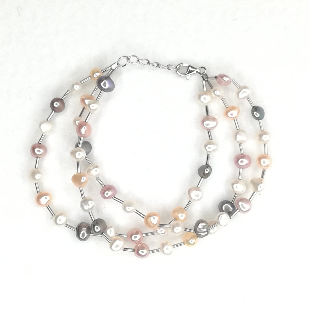 Dreireihiges Perlenarmband, 925er Silber rhodiniert