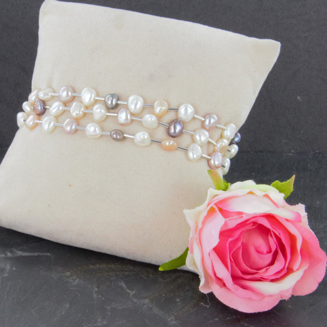 Dreireihiges Perlenarmband, 925er Silber rhodiniert