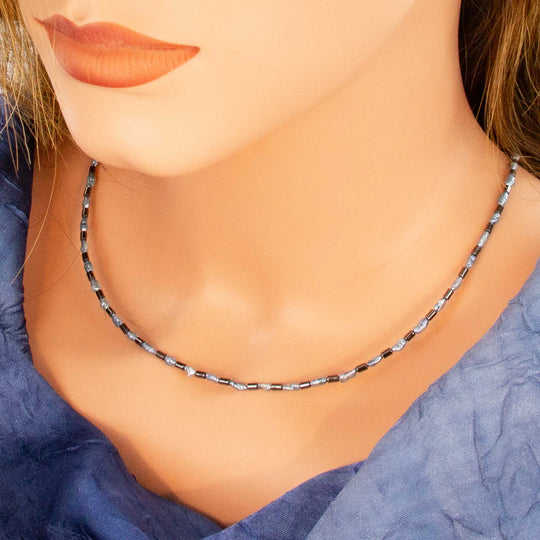 Hellblaue-anthrazitfarbene Perlenkette, Hämatit mit Mabé-Perlen