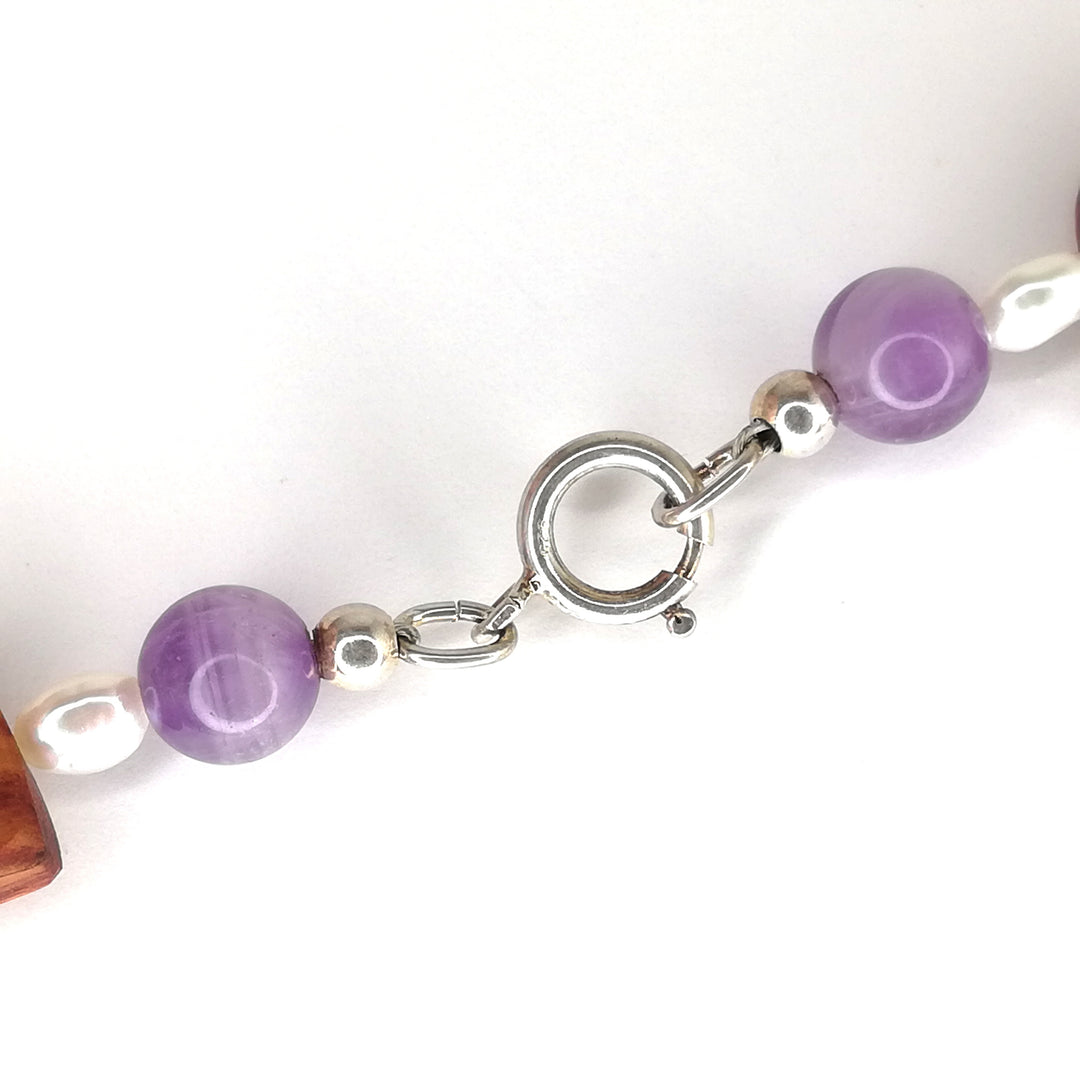 Amethyst-Rosenholz-Perlen-Kette, 925er Sterlingsilber