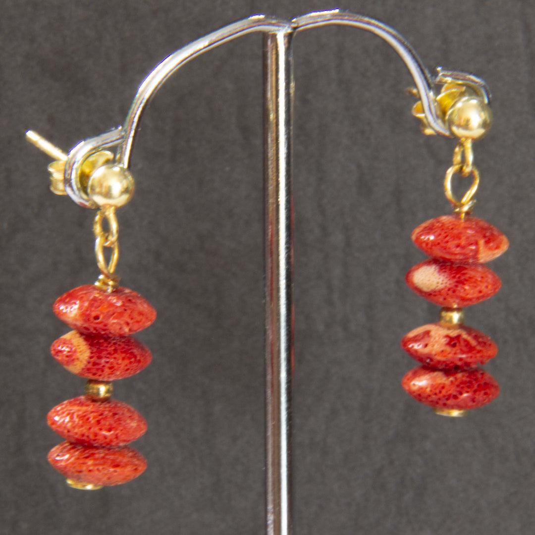 Rote Schaumkorallen-Ohrhänger, Linsen 4 x 8 mm Silber vergoldet