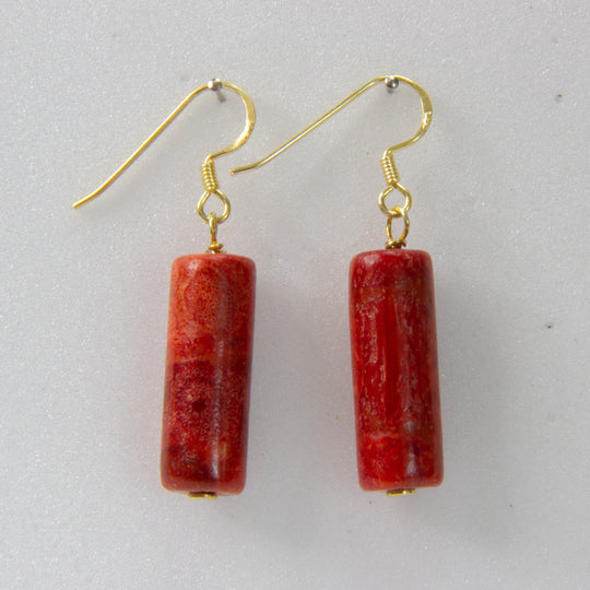 Rote Schaumkorallen-Trommel-Ohrhänger, Silber vergoldet