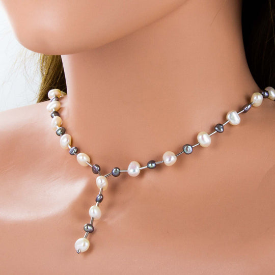 Y-Perlenkette aus Süßwasserperlen, Silber rhodiniert