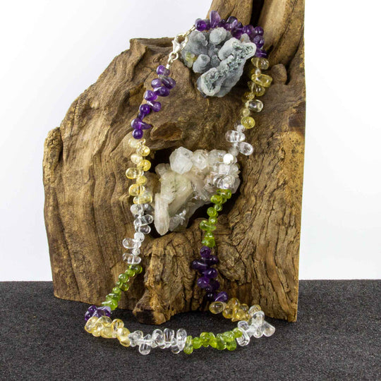 Mehrfarbige Edelstein-Tropfen-Kette aus Amethyst, Bergkristall, Citrin und Peridot