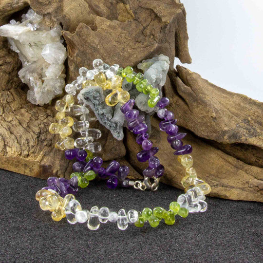 Mehrfarbige Edelstein-Tropfen-Kette aus Amethyst, Bergkristall, Citrin und Peridot